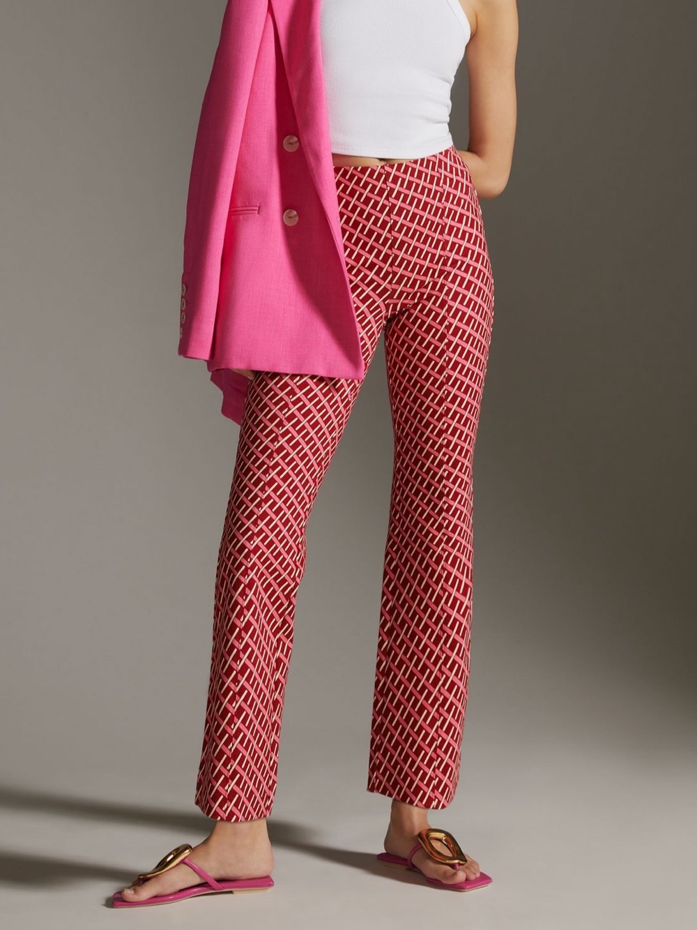 NWOT Anthro Maeve The Margot Kick Flare Cropped Pants, Red & Pink – Medium Tall*